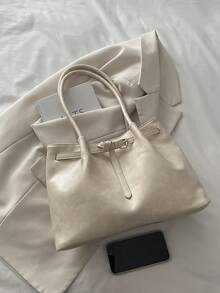 Bolsa Tote Casual de Ombro de Grande Capacidade em Camurça Retrô, Bolsa Colorida em Patchwork, Bolsa Tote Versátil e Elegante para Transporte Diário para Mulheres - Bege - Visão 7