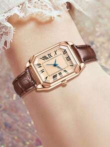 2pcs Vintage Minimalist Women's Quartz Wrist Watches, With Gold-Tone Accessories And Genuine Leather Straps. The Set Includes Black And Brown Leather Bands, Paired With A Rose Gold-Tone Square Dial And Roman Numeral Hour Markers, Showcasing A Retro-Chic Style That Exudes Feminine Elegance. As A Practical Timepiece And Jewelry Accessory, It Is Suitable For Daily Wear, Commuting, Casual Gatherings, And Various Other Occasions. - Multicolor - View 2