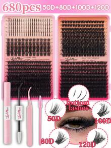 680PCS/1360PCS Spiked Faux Mink Individual Eyelashes, T50+80D+100D+120DD Mixed Styles, D/DD Curl 0.31–0.63inch Mixed Length, 0.07mm Ultra-Thin Dense Voluminous & Wispy Russian Volume Lashes, Natural Soft Reusable DIY Eyelash Extensions, With Lash Glue, Tweezers & Brush, Lash Clusters, Eyelash Clusters, Individual Eyelashes, Lashes, Fake Lashes, Suitable For Daily Makeup, Party, Cosplay, Stage, Wedding, Christmas, Halloween, New Year's, Valentine's Day, Beauty & Health, Festive Glam Beauty, Makeup Essentials - 黑色 - 查看 1