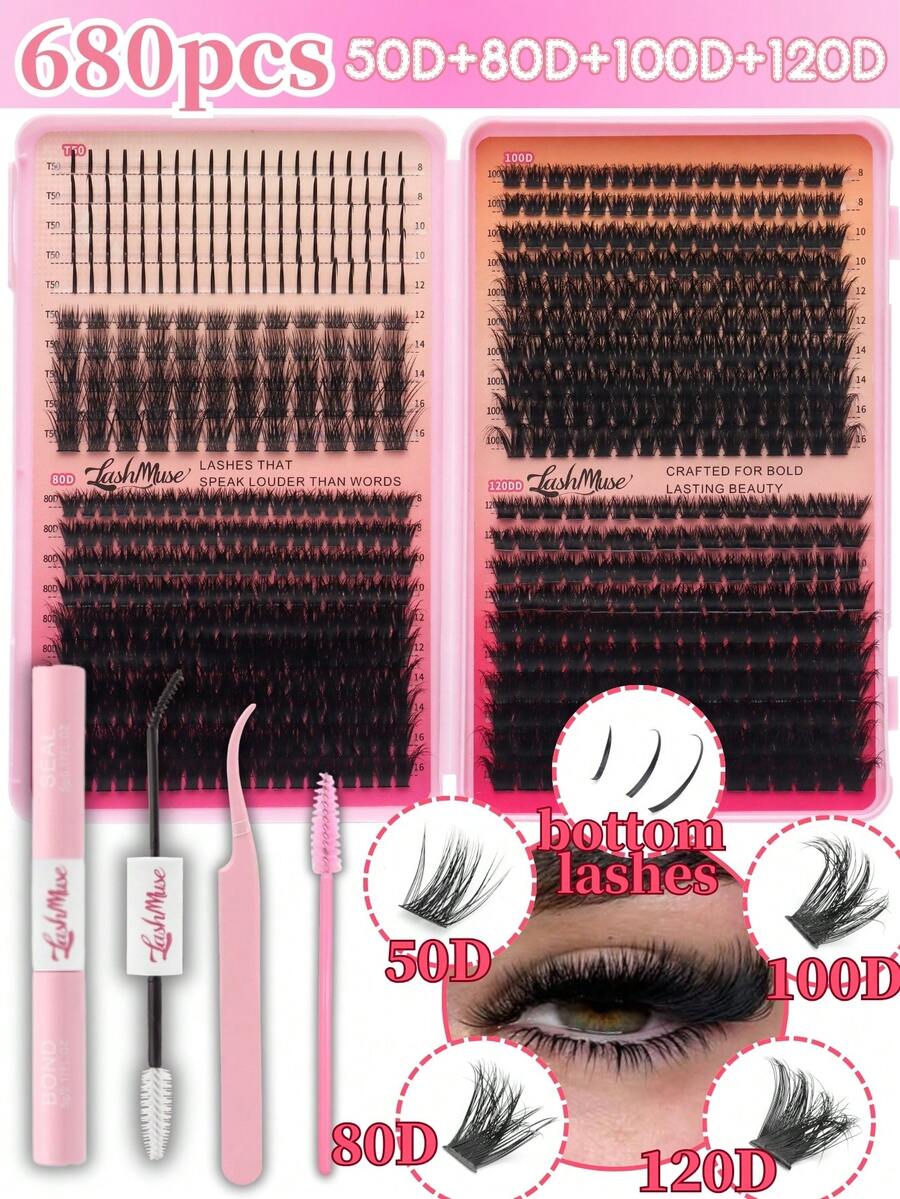 680PCS/1360PCS Spiked Faux Mink Individual Eyelashes, T50+80D+100D+120DD Mixed Styles, D/DD Curl 0.31–0.63inch Mixed Length, 0.07mm Ultra-Thin Dense Voluminous & Wispy Russian Volume Lashes, Natural Soft Reusable DIY Eyelash Extensions, With Lash Glue, Tweezers & Brush, Lash Clusters, Eyelash Clusters, Individual Eyelashes, Lashes, Fake Lashes, Suitable For Daily Makeup, Party, Cosplay, Stage, Wedding, Christmas, Halloween, New Year's, Valentine's Day, Beauty & Health, Festive Glam Beauty, Makeup Essentials - 黑色 - 查看 1