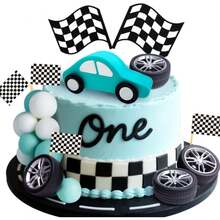 LaVenty Race Car Cake Decorations Car Cake Topper Checkered Flag Cake Topper Growing Up Two Fast Birthday Decor Fast One Fast Three Need Four Speed Birthday Decorations - Nhiều màu - Xem 2