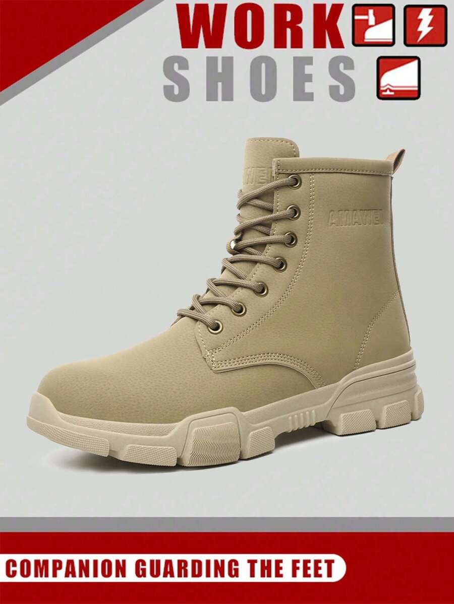 男士棕色钢头工装靴：耐用高帮加宽工装鞋 - 防刺穿和抗冲击，适用于工业/建筑/仓库环境（四季皆宜）