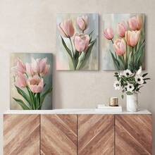 3-Piece Wild Flower Canvas Painting, Pink Floral Canvas Oil Painting, Nordic Plant Art Poster, Minimalist Plant Wall Art, Suitable For Girl's Bedroom, Living Room, Office, Apartment Wall Decor, With Frame