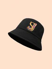 1 Stück Blume Muster 26 Buchstaben Kinder Fischerhut, modisch & vielseitig, geeignet für Mädchen Rückkehr zur Schule Alltagskleidung und Sonnenschutz - Schwarz - Übersicht 25