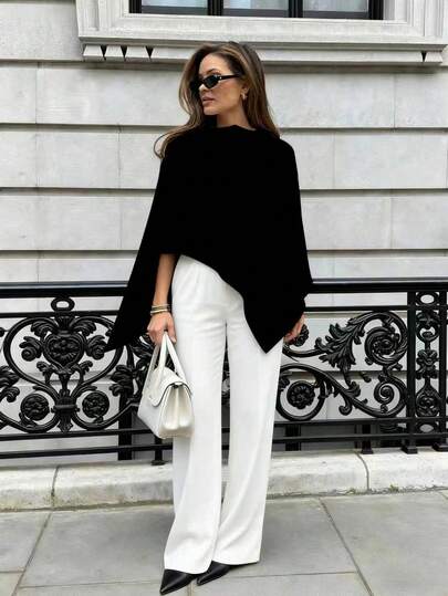 Women's Elegant Ribbed Knit Asymmetric Collar Batwing Sleeve Short Sleeve Regular Knit Top