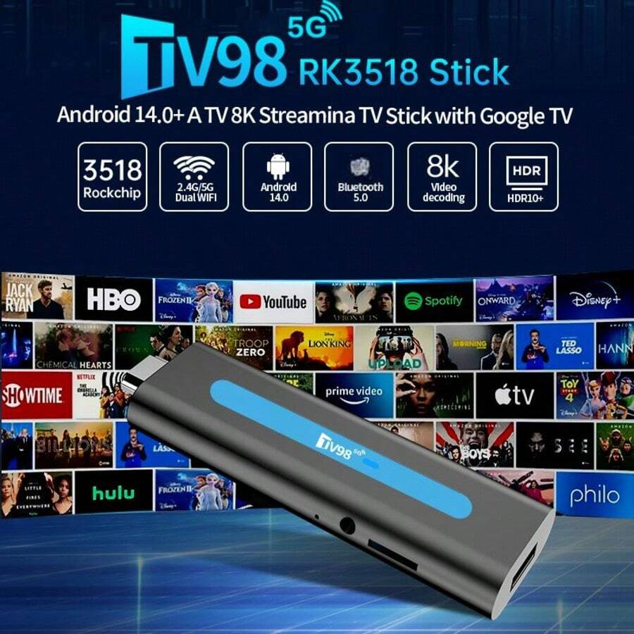 Q96 OHP TV98 RK3518 电视棒，安卓 14 系统，支持双频 WiFi（4G/5G），8K 视频高清，语音遥控，预装 APP，64G 内存，支持 IPTV。