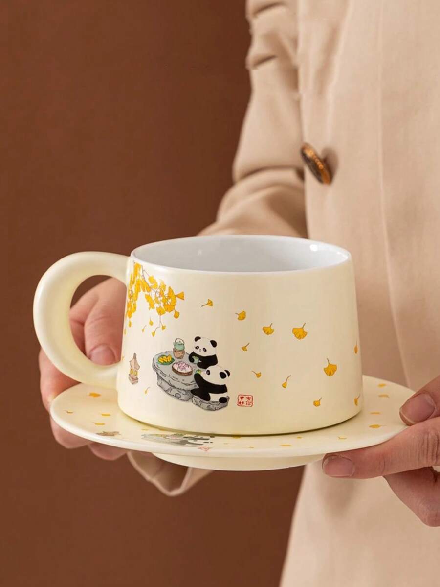 一套高档高白陶瓷350毫升拿铁挂耳咖啡杯，极具吸引力的陶瓷杯垫套装，可爱情侣水杯，个性化马克杯，牛奶麦芽早餐杯，创意拉花粗陶办公杯碟 - 彩色 - 查看 1