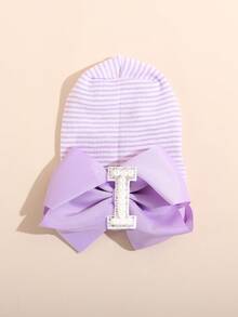 1顶新生儿毛线帽，带珍珠字母和大蝴蝶结，柔软弹力条纹针织帽，适合日常佩戴、拍照和作为婴儿礼物 - 淺紫色 - 查看 5
