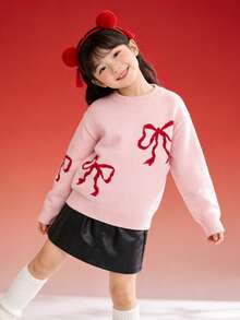 Balabala Tween Girl 2025 New Year Bow Jacquard Round Neck Drop Shoulder Long Sleeve Casual Sweater - Red - View 1