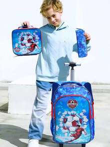 BLING BABIES 3Pcs Rolling Backpack For Boys Sky Blue Cartoon Football Design Elementary School Backpack With Lunch Bag And Pen Bag Glow-In-The-Dark