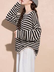 Alicedudu Women's Classic Striped Pullover Sweater, Versatile For Spring - Black - View 4