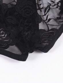 Tanga de encaje floral sexy para hombres con abertura frontal, hueco, transpirable y cómodo, decorado con lazo - Negro - Ver 6