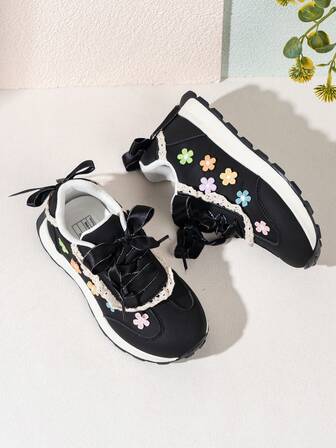 1 par de zapatos deportivos para niños con diseño de parches multicolor, moño y flores, nuevos zapatos para correr para niños y niñas, zapatillas casuales antideslizantes y transpirables
