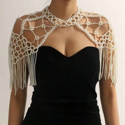 1pc Elegant Versatile Handmade Woven White Multi-Layer Tassel & Faux Pearl Beaded Necklace Shoulder Chain Body Chain, Suitable For Women's Formal Dresses, Suitable For Occasions Like Birthday, Wedding, Thanksgiving, Christmas, Easter, Halloween, Valentine's Day, Eid Al-Fitr