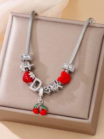 1 pieza Collar elegante y de moda para mujer con colgante de corazón y cereza con cuentas