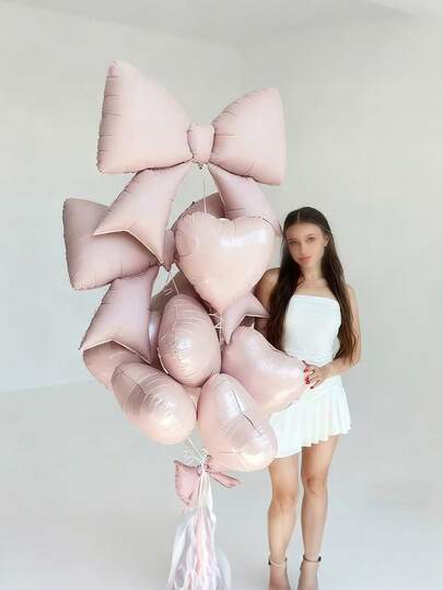 2/7 piezas Conjunto de globos y lazos con forma de corazón rosa - Globos de aluminio inflables con brillo y lazo para boda, cumpleaños, San Valentín, fiesta, decoración navideña - Conjunto de suministros para fiestas