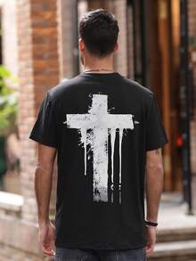 Zrgoth 男士休闲百搭简约十字印花短袖T恤 - 黑色 - 查看 4