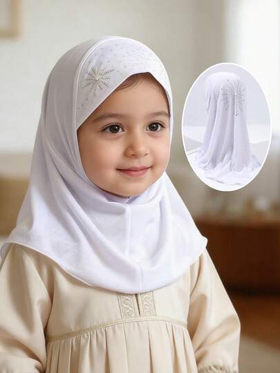 1pc Girls' Shiny Crystal Headscarf Hat, Age 3-8 | Breathable Elastic Dignified Headscarf, Suitable For Daily Wear, School, Holidays, Ramadan, Eid