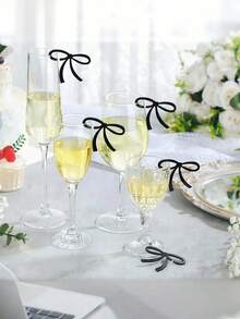10pcs Party Glass Cup Bow Decor, Black Bow Drink Labels, Acrylic Bow Drink Labels, Black & Pink Bow Drink Labels, Bow Wine Glass Pendants, Suitable For Holiday & Wedding Decor, Gift Decor, Birthday & Graduation Decor, Bachelorette Party, Wedding Party Decorations - Multicolor - View 2