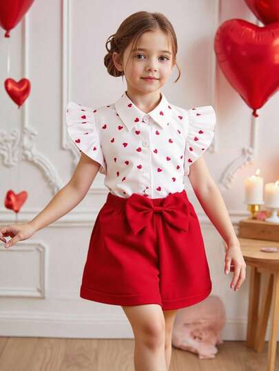 Girls Valentine's Day Heart Print Polo Collar Flutter Sleeve Top + Bow Decor Solid Color Shorts Set
