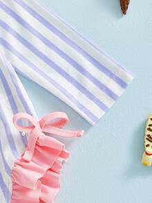 Toddler Girl Rash Guard Swimsuit Long Sleeve Ice Cream Embroidery Ruffled Swimwear With Hat For Beach Pool - Purple - View 8