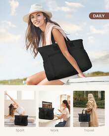 LOVEVOOK Tote Bag For Women,Light Puffer Tote Bag With Multi-Pockets,Stylish Carry On Laptop Bags For Daily,Travel,Work,Gym - màu đen - Xem 6
