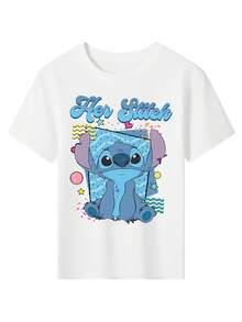 Disney Valentine's Day-Themed T-Shirts For Boys And Girls, Featuring Stitch And Angel Lettering Prints. Soft And Comfortable Children's T-Shirts Suitable For Boys And Girls Year-Round. Perfect For Outings, Shopping, Or Playground Adventures. Makes An Excellent Gift. Also Ideal For Sibling Matching Outfits. - Màu Lilac Tím - Xem 2