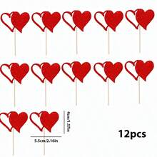 24个情人节心形蛋糕装饰插牌，红色和心形闪光镂空心形蛋糕装饰，适用于婚礼、新年、情人节、派对活动