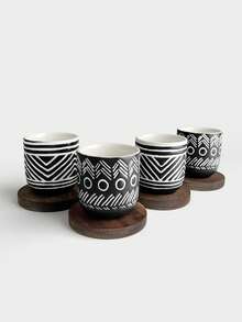 4pcs Black & White Geometric Pattern Ceramic Mini Coffee Cups Set, Small Capacity Espresso Cups, Cappuccino Cups, Tea Cups, Beverage Cups With Wooden Coasters, Ideal For Home, Office, Parties, Gifts - Black - View 8
