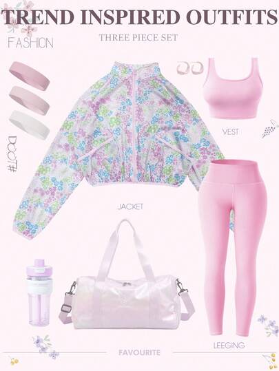 3 قطع/مجموعة: جاكيت مزيّن بزهور صغيرة وردية + صدرية رياضية مطابقة + بنطلون ضيق، طقم ملابس طري وطازج مناسب للتمرين اليوجا واللياقة البدنية والارتداء اليومي، يمكن تنسيقه مع شريط الرأس والحقيبة وزجاجة المياه وغيرها من الإكسسوارات لإطلالة عذبة وأنيقة في الربيع