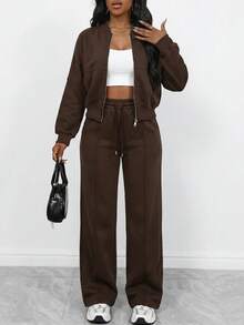 Women's Casual Solid Color Zip-Up Cardigan And Straight Leg Pants Set, Fashionable And Versatile For Daily Wear, Autumn/Winter Spring - Brown - View 2