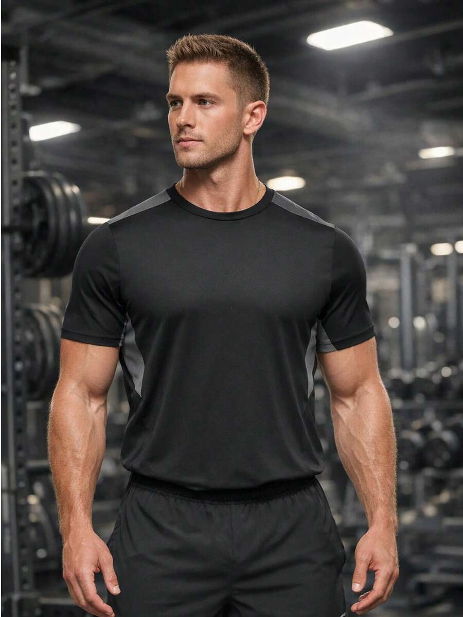 1pc Men's Casual Sports T-Shirt, Contrast Color Short Sleeve Crew Neck Fitness Tee - Black - View 1