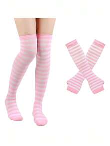 This Women's Striped Over-The-Knee Leg Warmers Set Includes A Pair Of Knee-High Leg Warmers And A Matching Arm Sleeve, Designed For The Autumn/Winter Season. The Set Includes Knee-High Leg Warmers And Fingerless Gloves, Both Featuring Eye-Catching Contrasting Striped Patterns To Create A Striking Look. - Multicolor - View 11
