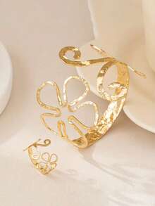 1 Bracelet & 1 Ring Set, Fashionable Hollow Flower Metal Bracelet & Ring Combo - Gold - View 3