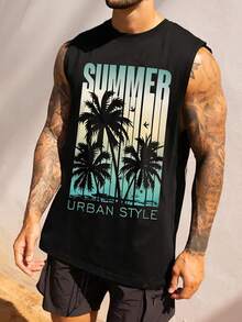 Men's Summer Round Neck Casual Vacation Style Tank Top, Suitable For Fitness And Daily Wear - Black - View 1