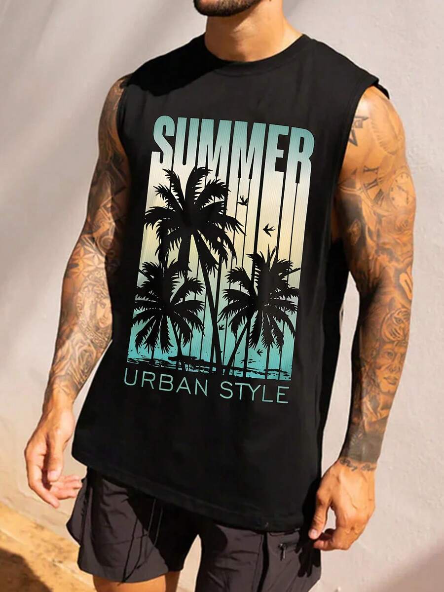 Men's Summer Round Neck Casual Vacation Style Tank Top, Suitable For Fitness And Daily Wear - Black - View 1