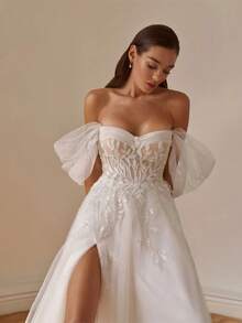 Vintage Classic Off Shoulder Lace Applique High Slit A Line Tulle Formal Wedding Dress,Registry Office Dresses Engagement Bridal Gown,Evening Party Dress Birthday Party Dress Country Wedding,Romantic Church Ceremony Wedding Dress,Suitable For Wedding,Dating,Party,Singles' Party,Vacation,Formal Occasions,Dinner Dress,Prom Dress,Homecoming Dess,Cocktail Party,Wedding Guest Dress,Graduation - 白色 - 查看 3