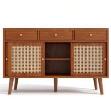 Sideboard, Chest Of Drawers With 3 Drawers And 3 Sliding Doors, Rattan Weave On The Door Fronts, Solid Wood Legs, Gold Metal Bar Handle, Adjustable Shelves, Walnut Color, 120 X 40 X 78 Cm - 自然色 - 查看 7