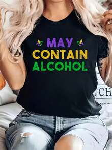 Camiseta 100% algodón Puede Contener Alcohol Camiseta Mardi Gras Regalo de Bebida Camiseta Casual Impresa Camiseta 100% algodón para Mujeres, Camisetas de Verano de Manga Corta Camiseta Gráfica Tops para Mujeres - Negro - Ver 6