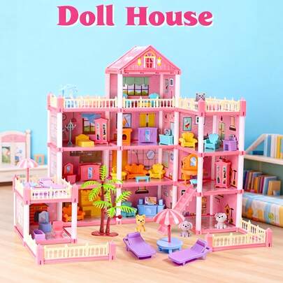 Juego de casita de muñecas para niñas de 4 a 9 años, casa de muñecas de 1 a 4 niveles con juguetes de muñecas, villa de lujo, castillo de princesa kit de construcción DIY, juego completo de muebles y accesorios, casa de muñecas de moda, regalo de cumpleaños (algunos accesorios de muebles y colores de muñecas son aleatorios)
