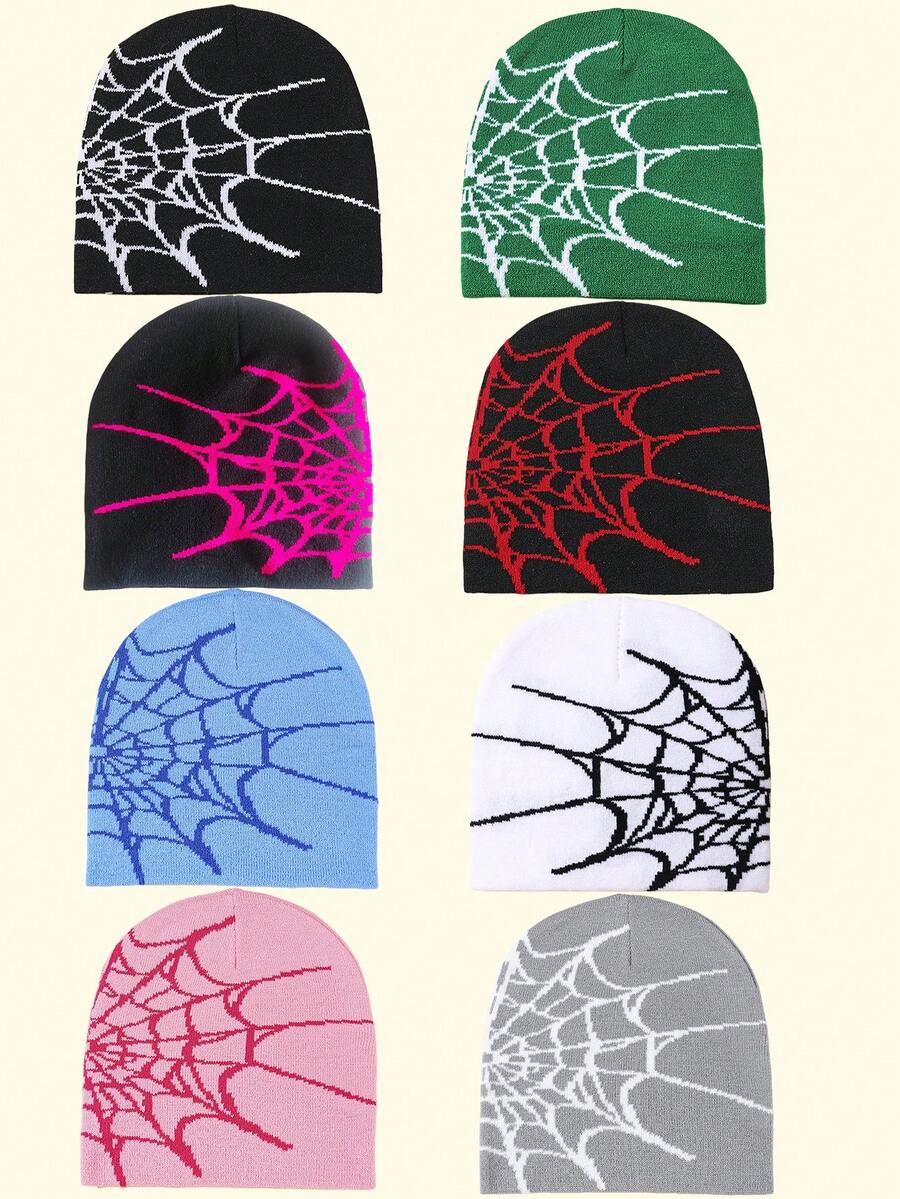 2pcs/1pc - Acrylic Spider Web Jacquard Knit Beanie Hat, Unisex, Adult Winter Outdoor Cycling Warm Knit Cap, Windproof Warm Hat, Insulation Protection, With Pom Pom - Multicolor - View 1