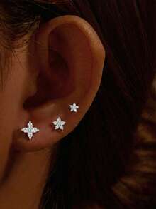 3件套925纯银时尚花朵耳钉套装，18K镀金，低过敏性立方氧化锆，多孔耳骨耳钉，女士珠宝礼物，日常佩戴，婚礼派对，订婚，周年纪念，生日，情人节