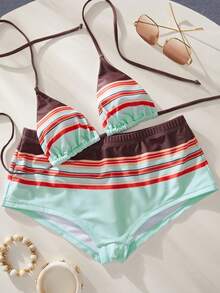 Women's Summer Red Striped Retro Camisole Bikini Set, Suitable For Country Music Festivals, Outings, Y2K Style