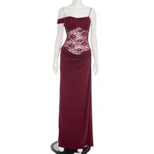 Spring Summer Women's New Dress Solid Color Strap Lace Patchwork Slim Dress - Burgundy - View 5