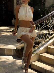 Two Piece Sets Halter Sleeveless Backless Ruched Crop Top Low Rise Skirt Summer Streetwear Set - Ivory - View 3