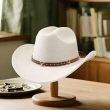 Western Style Cowgirl Cap Stylish Pentagram Leather Belt Decorated Wide Brimmed Fedora Hat For Men Women Outdoor Wear - trắng - Xem 2