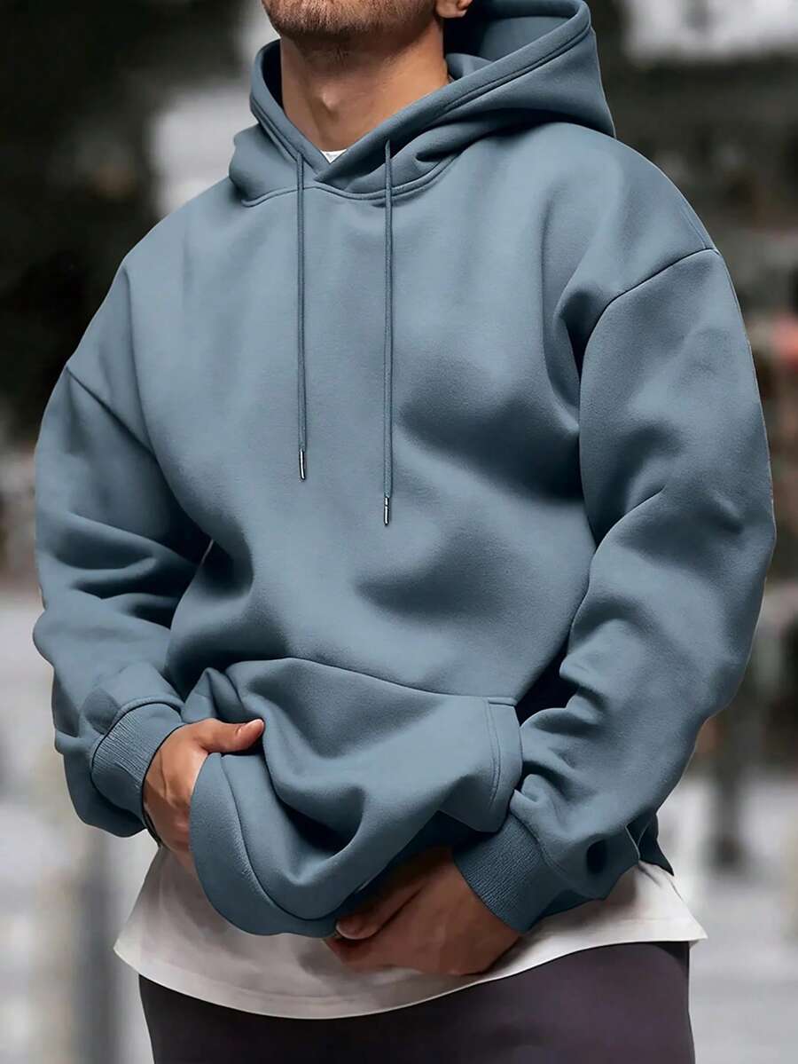 Men's Solid Color Drop Shoulder Long Sleeve Drawstring Pocket Casual Hoodie, Autumn/Winter, Back To School Season