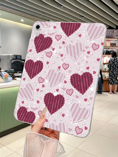 Valentine Cute Striped Pink Heart Pattern Clear Tablet Case, Compatible With IPad Case, Shockproof Aesthetic Cover, IPad Accessories, Kindle Case, Compatible With IPad 11th Generation Cover, Compatible With IPad Pro A16 Protective Case, Suitable For 10th Generation IPad Protective Cover, IPad Accessories Quick Ship Gifts