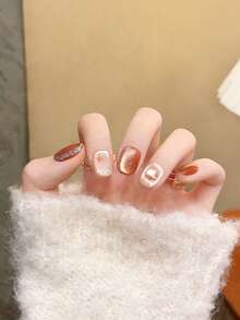 10片手工美甲贴纸，秋冬美甲，圆形美甲贴纸，秋季美甲，按压式美甲，短款按压式美甲，假指甲，短指甲，亚克力按压式美甲，手工制作，可拆卸可重复使用