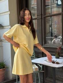 Ensemble top à manches courtes et mini-jupe tricotés minimalistes de style européen et américain à la mode VIBEWAVE pour le printemps/été - Jaune citron - Voir 4